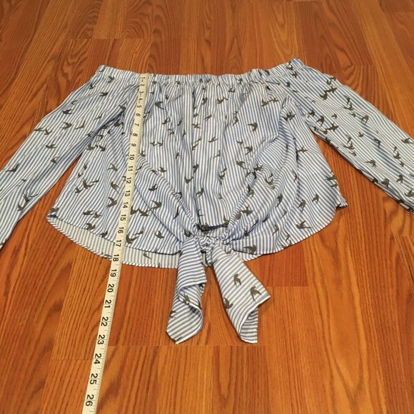 Express Women's Tie Front Off-Shoulder Blue Striped Bird Print Blouse, Sz SP - Picture 6 of 9